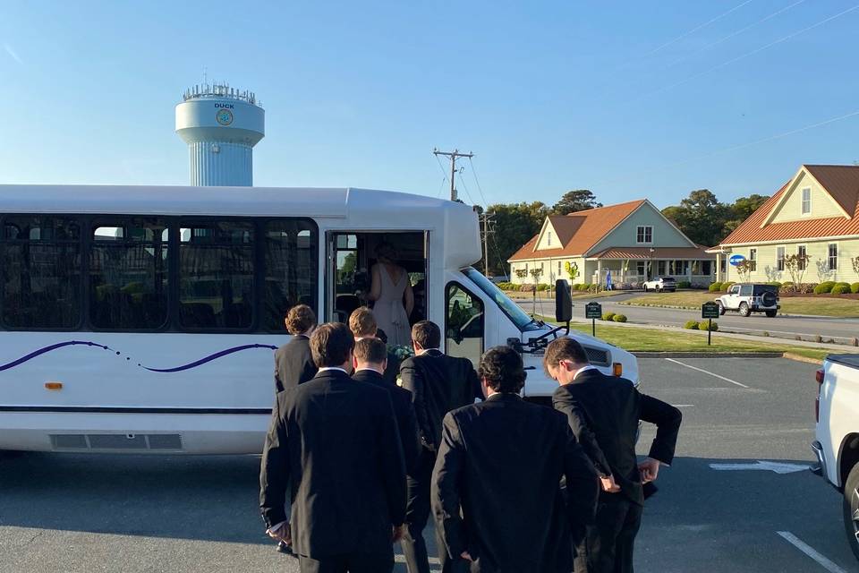 Groomsmen boarding the Shuttle