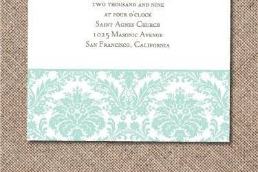 Damask letterpress wedding invitation.  The set includes Pool mailing envelopes, reply card, and reply envelope.  Each piece is printed by hand using an antique letterpress.