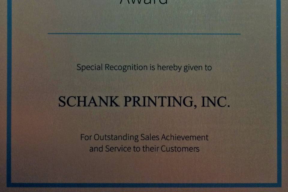 Schank Printing has been awarded the Carlson Craft Distinguished Retailer Award for 6 years in row (2010, 2011, 2012, 2013, 2014 & 2015)!