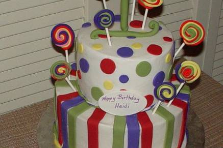 1st Birthday: Two tier buttercream with fondant stripes, dots and lollipops.