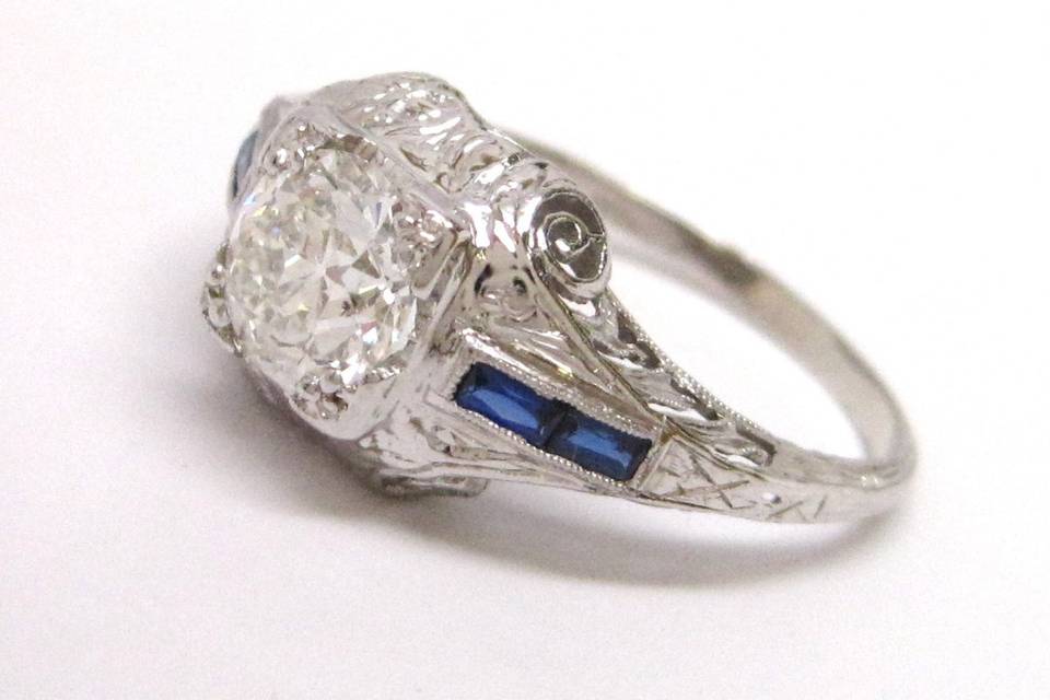 Pretty period correct diamond and blue sapphire ring.
This ring is subject to prior sale