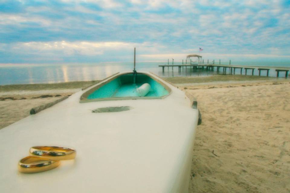 Wedding rings on the surfboard