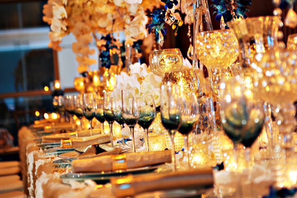 Ornate floral and glassware tabletop.