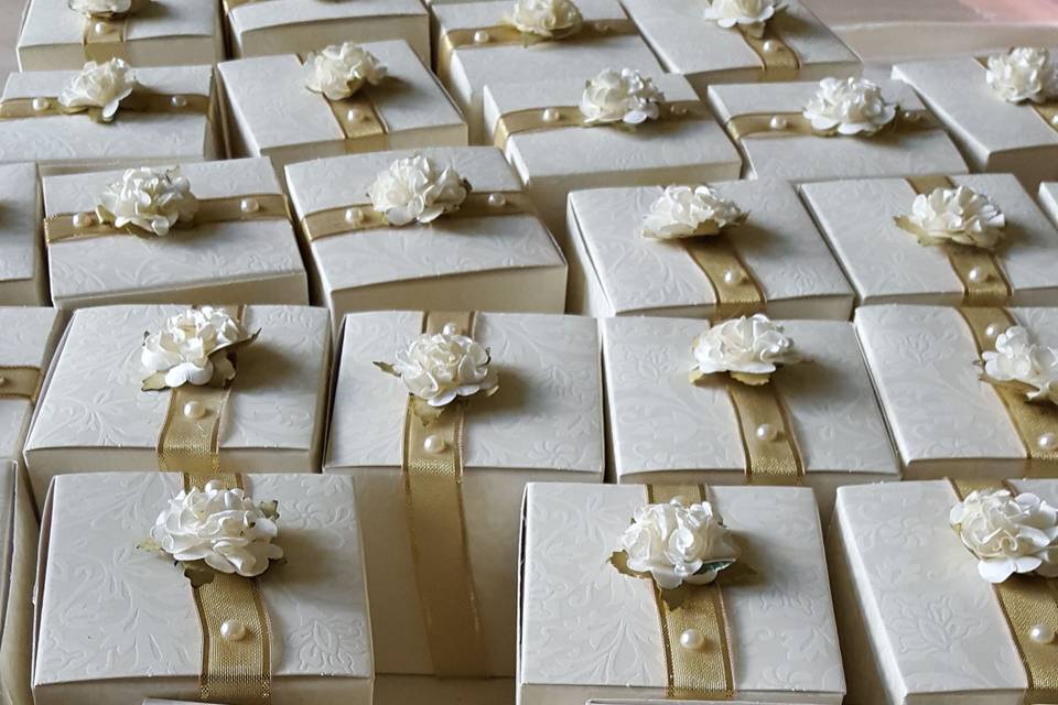 Hand made and customized wedding favor boxes.