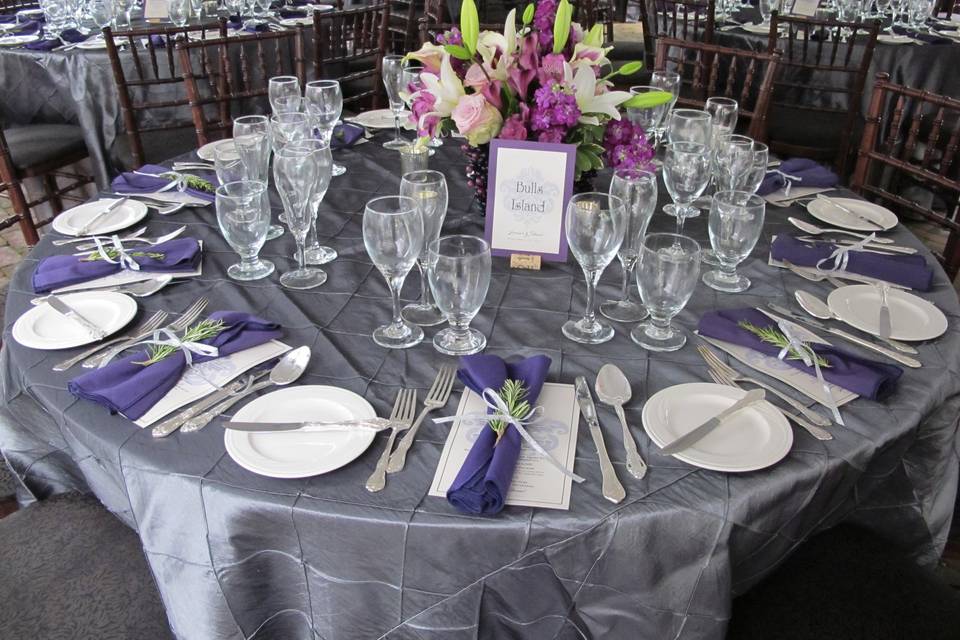 Silver pintuck & purple tables