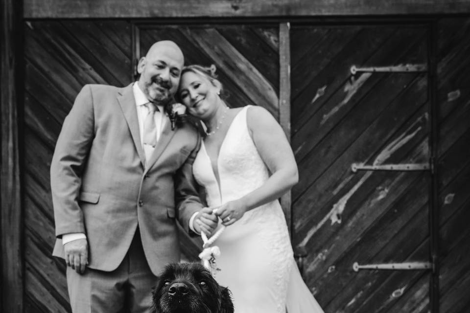 Bride and groom with dog