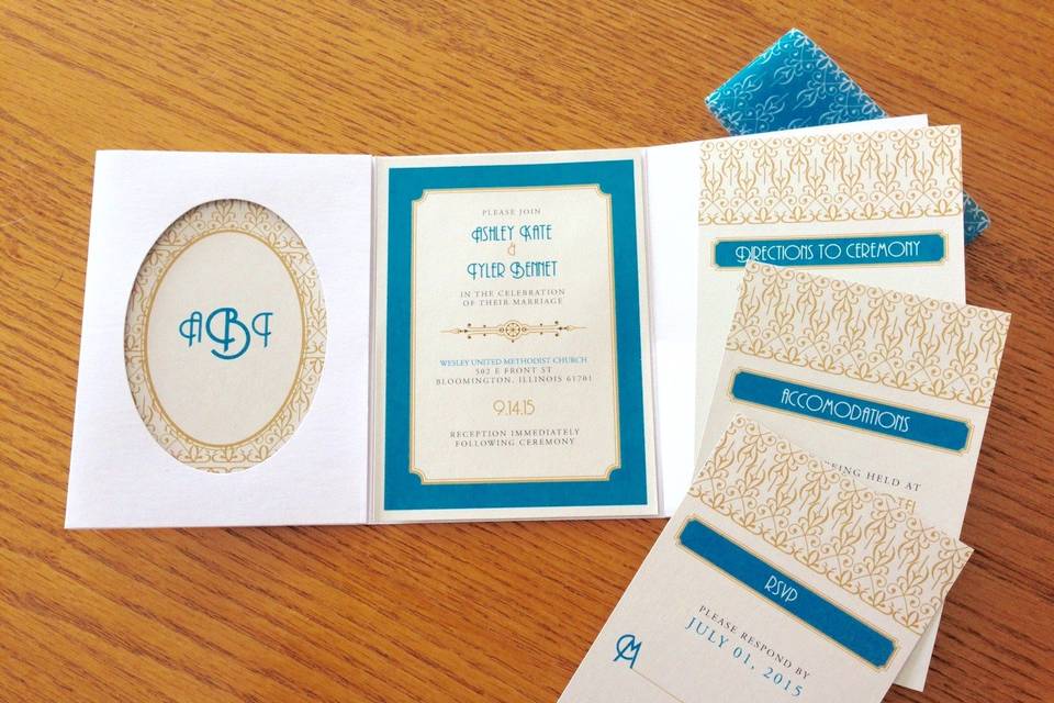 Petite Pocket Invitation silver, teal, with gold accents.  Beautiful monogram insert detail.