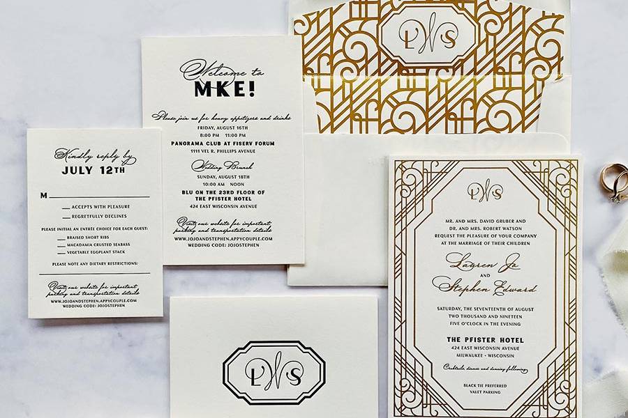 Art deco gold invitations