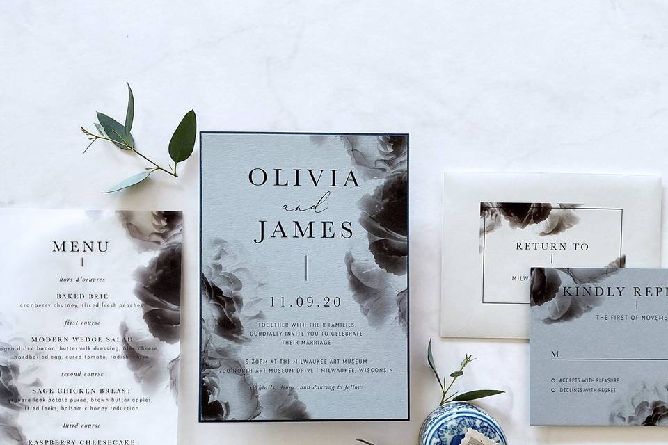 Blue & dark floral invitations