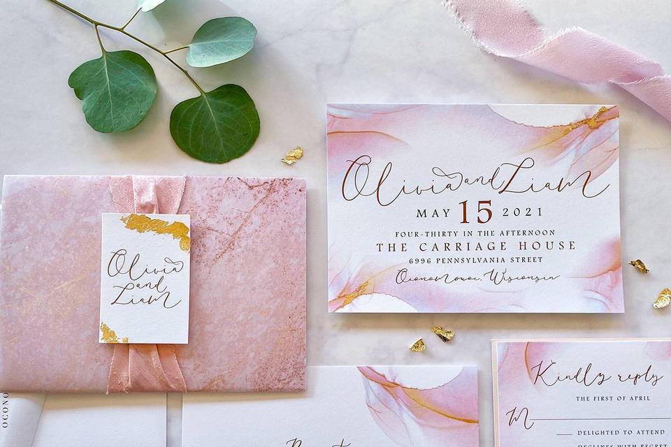 Gold leaf peach invitations