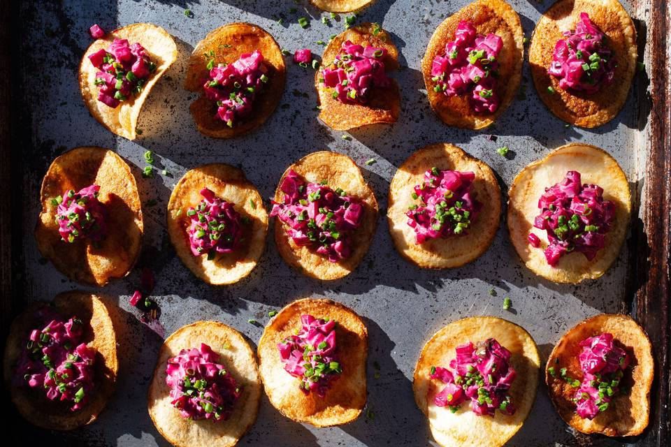 Beet tartare on house chip