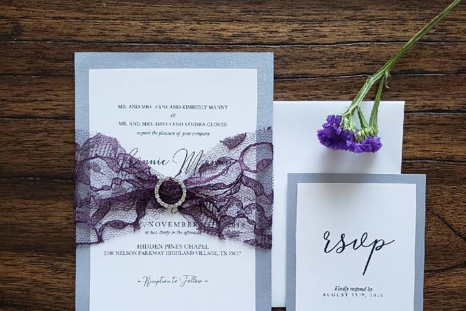 Kanilly from our Spring Lace Collection.  Available in all colors.  $5.40 per Invitation/RSVP set.  *Minimum Purchase of 20