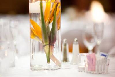 An elegant centerpiece of white dendrobium orchids with white feathers and blue LED lights in Phoenix, AZ