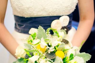 Blue, white and yellow bouquet with anemones