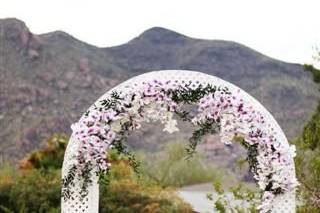 Tropical orchids adorn this wedding arch in Scottsdale, AZ