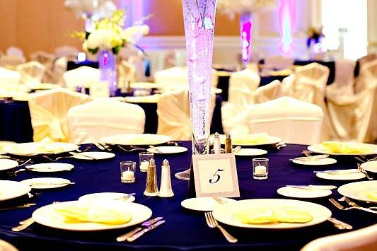 An elegant centerpiece of white dendrobium orchids with white feathers and blue LED lights in Phoenix, AZ