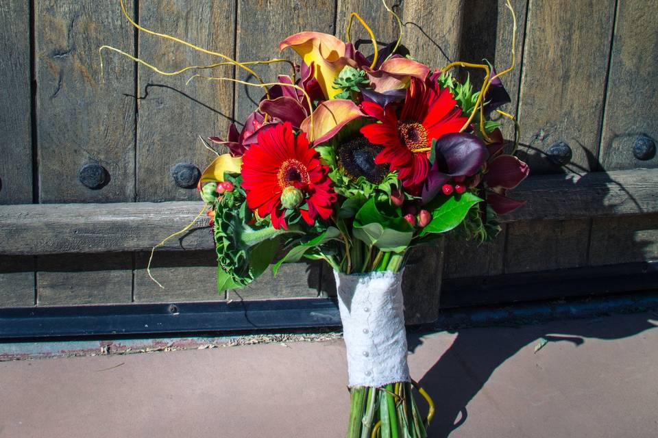 Blue, white and yellow bouquet with anemones