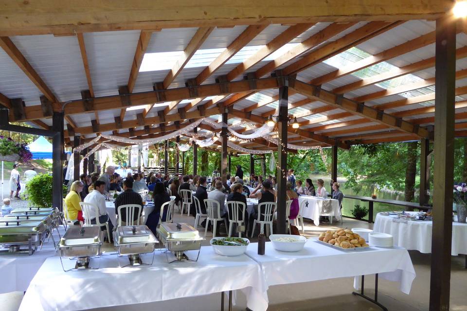 Covered reception area at our stage area, lake as a back drop!