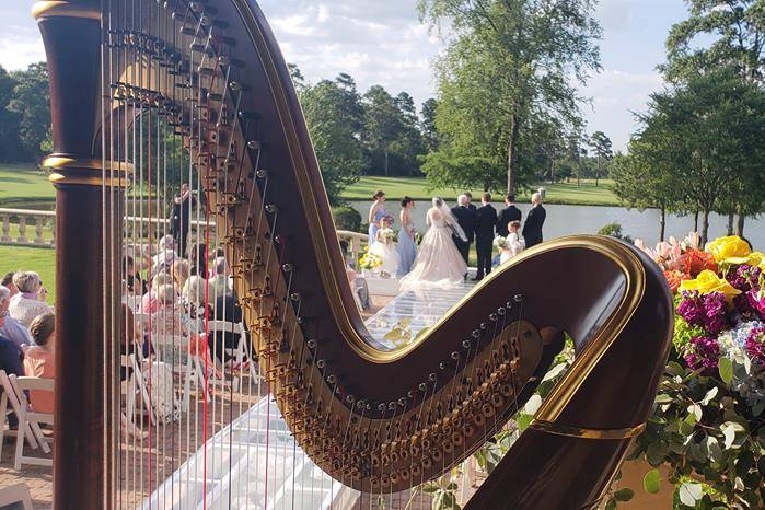 Harp with flowers at wedding