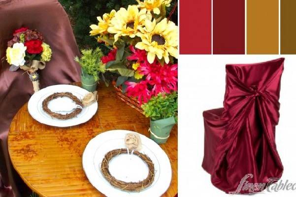 Burgundy chair covers for late summer weddings.