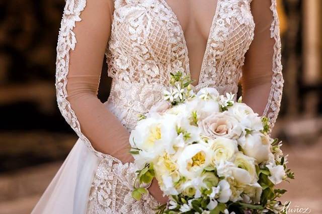 Bridal gown with deep neck line