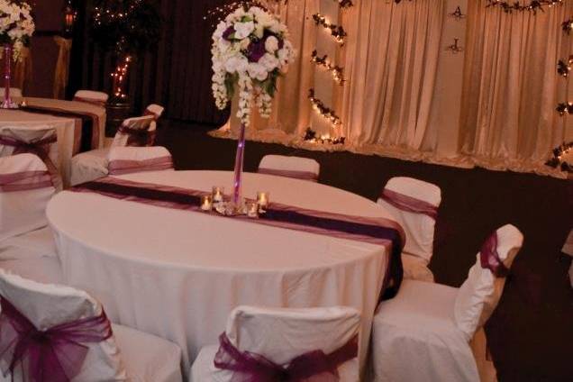 Purple Centerpiece 24 tall Lighted Vase, Floral ball draped in roses, (color of choice), lighted Canopy Ceiling