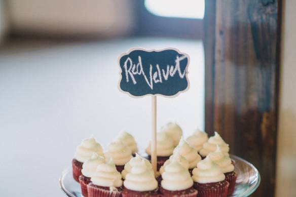 Southern red velvet mini wedding cupcakes on a tier
