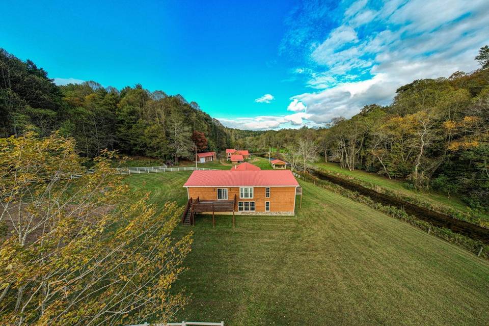 Drone view of barn from over t