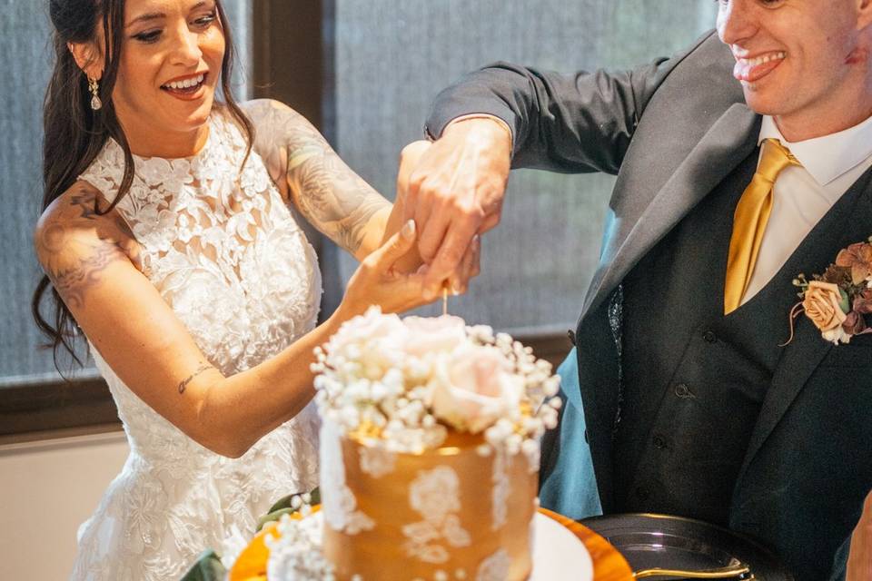 The Newlyweds' Cutting Cake