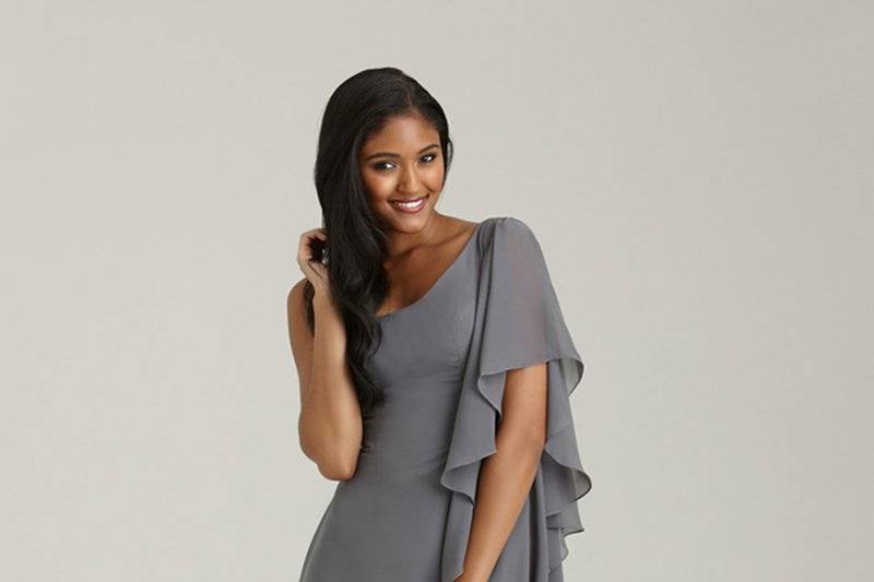 Style No. 1323 - available in 50+ colors <br>
This dramatic style features a one-shoulder design with a sheer sleeve made of cascading chiffon ruffles.