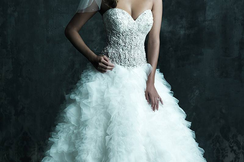 Style C371 <br> This floral sheath features a scoop neck and a latticed crystal illusion back.