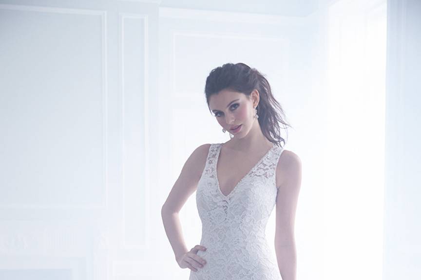 Style MJ171 <br> Lace is the focal point of this mermaid gown.