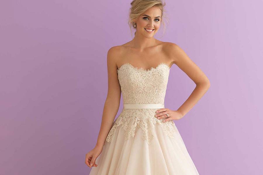 Style 2908 <br> This ballgown is topped by a strapless lace bodice, shaped by a simple satin waistband.