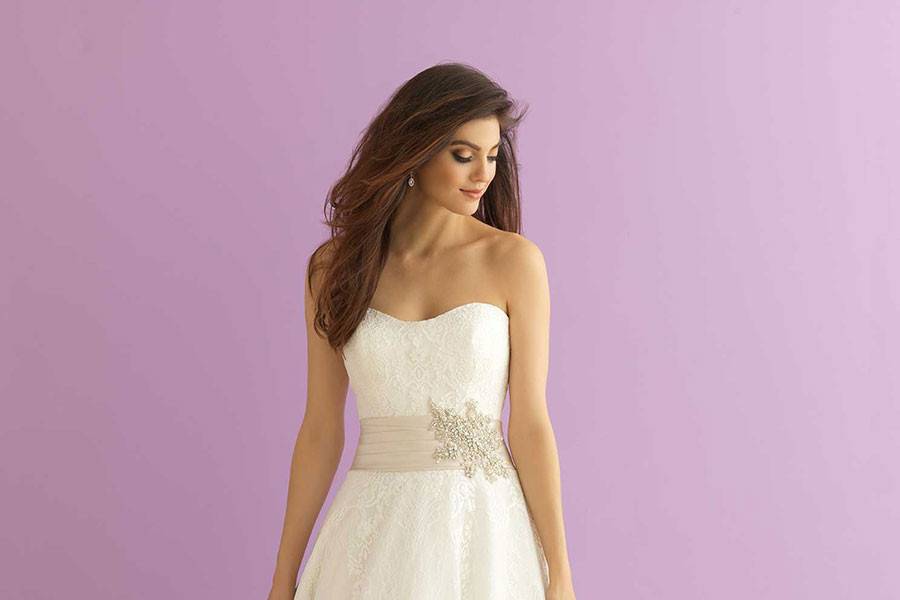 Style 2908 <br> This ballgown is topped by a strapless lace bodice, shaped by a simple satin waistband.