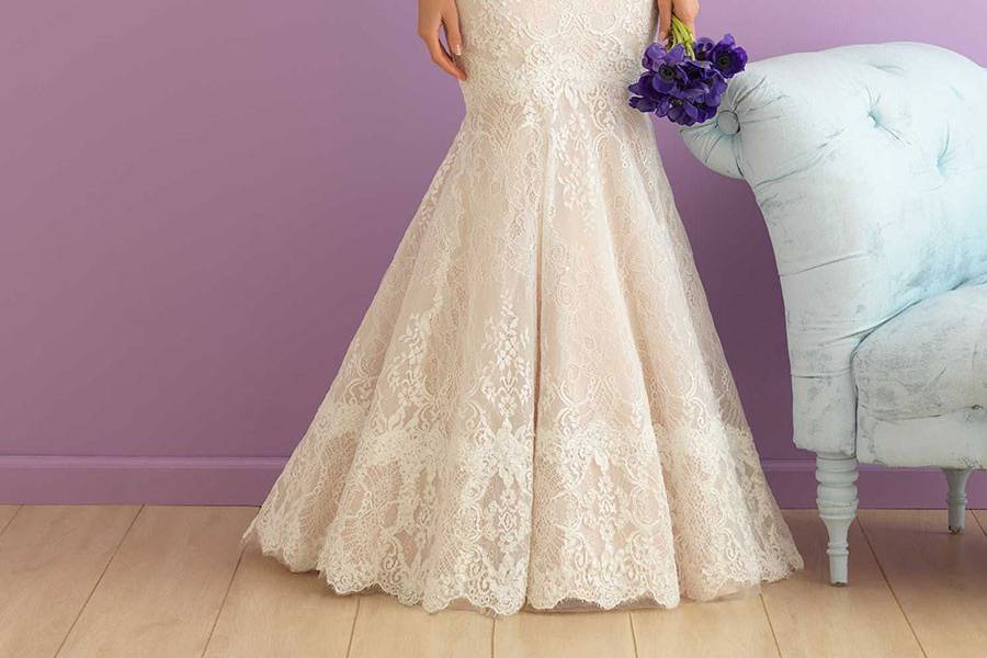 Style 2917 <br> On this strapless ballgown, dreamy English net is covered with climbing floral lace appliqué and finished with a demure sweetheart neckline.