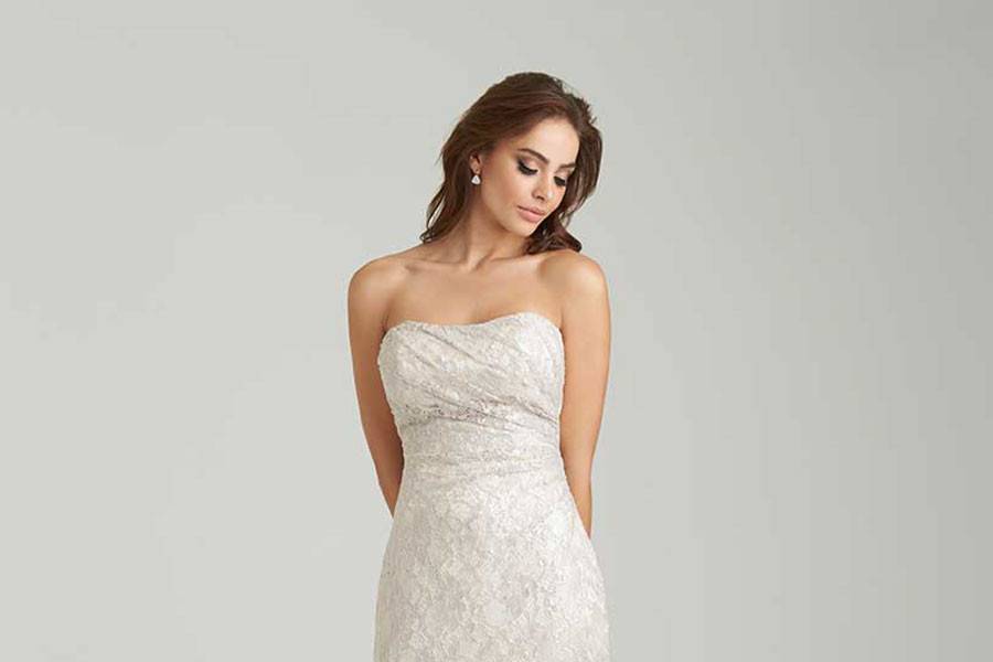 Style 1457 <br> Sequined lace adds texture to this sheath.