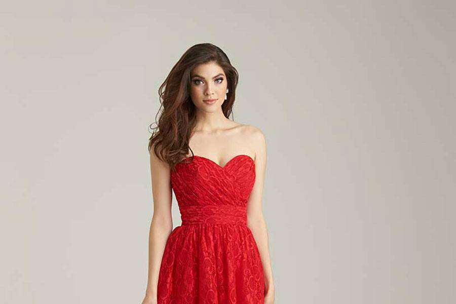 Style 1458 <br> Ruched lace adds texture and sparkle to this A-line dress.