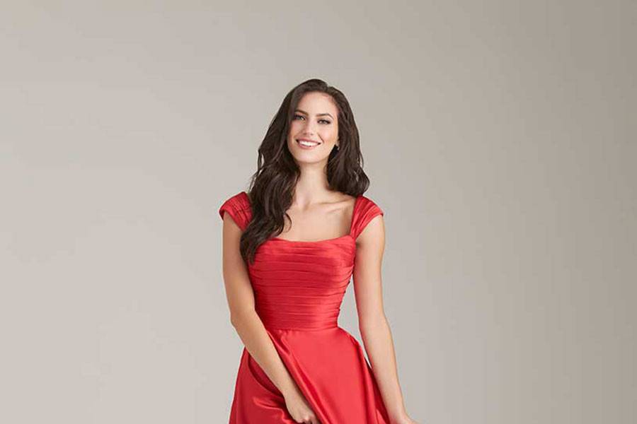 Style 1459 <br> Satin taffeta is ruched along the bodice and cap sleevse of this knee-length dress.