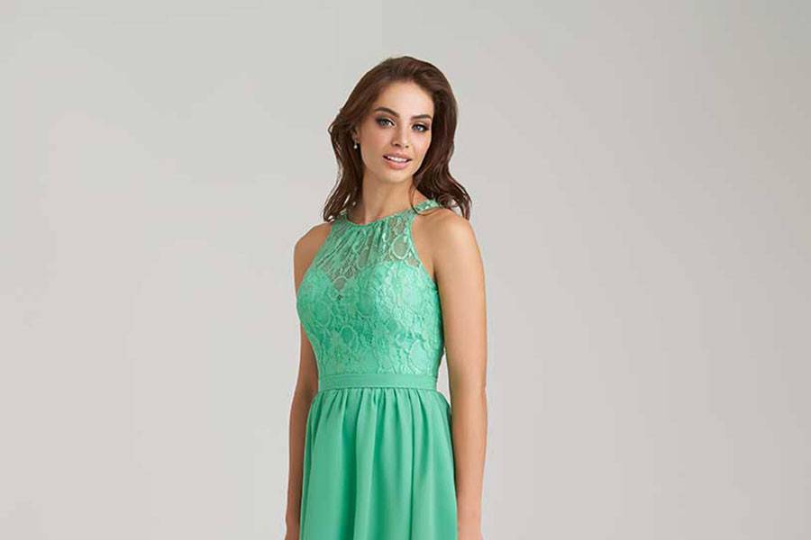 Style 1464 <br> Keyhole detailing at the back gives a modern edge to this lace and chiffon dress.