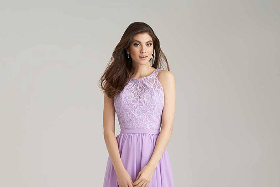 Style 1465 <br> Keyhole detailing at the back gives a modern edge to this lace and chiffon dress.