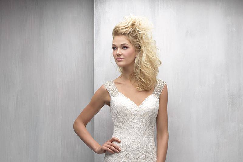 Style MJ260 <br> This sheath gown is incredibly ethereal and delicate, with whispers of lace and an illusion back.