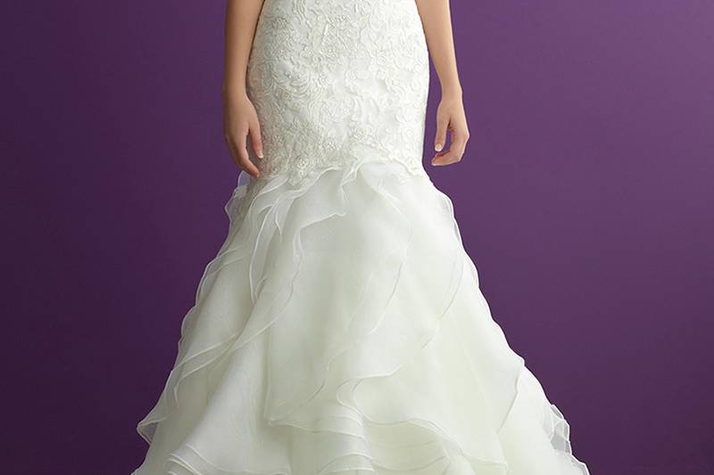 Style 2963 <br> This lace gown is topped with a delicate bateau illusion neckline and back detailing.