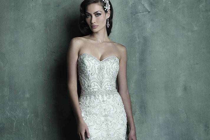 Style C288F <br> Reminiscent of Baroque embroidery, this gorgeous strapless sheath gown is beaded throughout with intricate crystal and pearl inlay. 