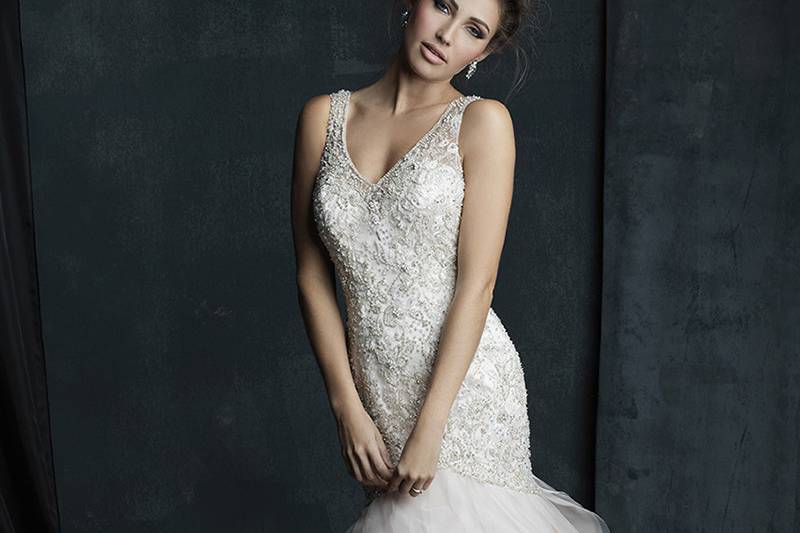 Style C385F <br> Alternating lace and beadwork accents this strapless mermaid gown.