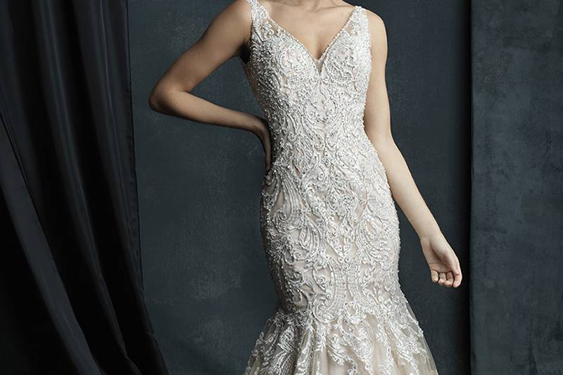 Style C387F <br> This strapless lace gown features a gorgeous detachable train.