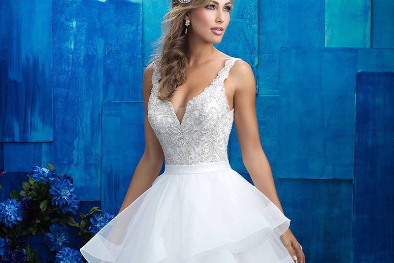 9418	<br>	Tiered structured ruffles compose the full skirt of this beaded ballgown.