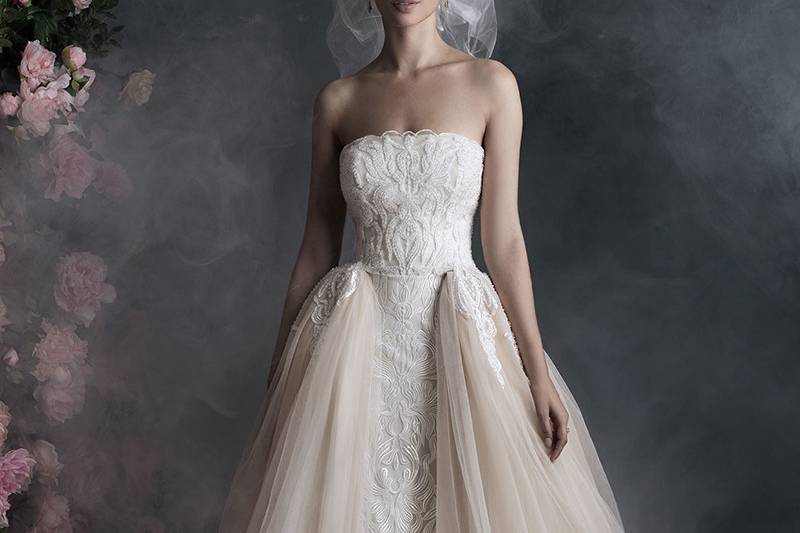 C400	<br>	The elegant sweep of this layered ballgown is richened by delicate embroidery.
