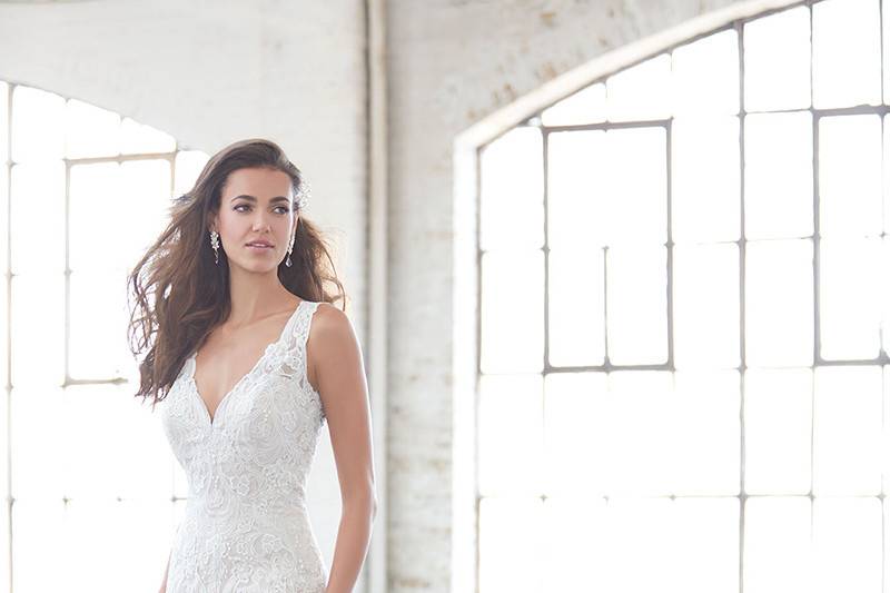 Style MJ305		Sheer netting, topped with lace appliques, is the backdrop of this ultra-flattering sheath.