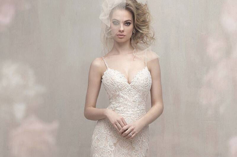 Allure Couture	C458	<br>	A detachable tulle train takes this strappy lace sheath to a new level of ethereal beauty.
