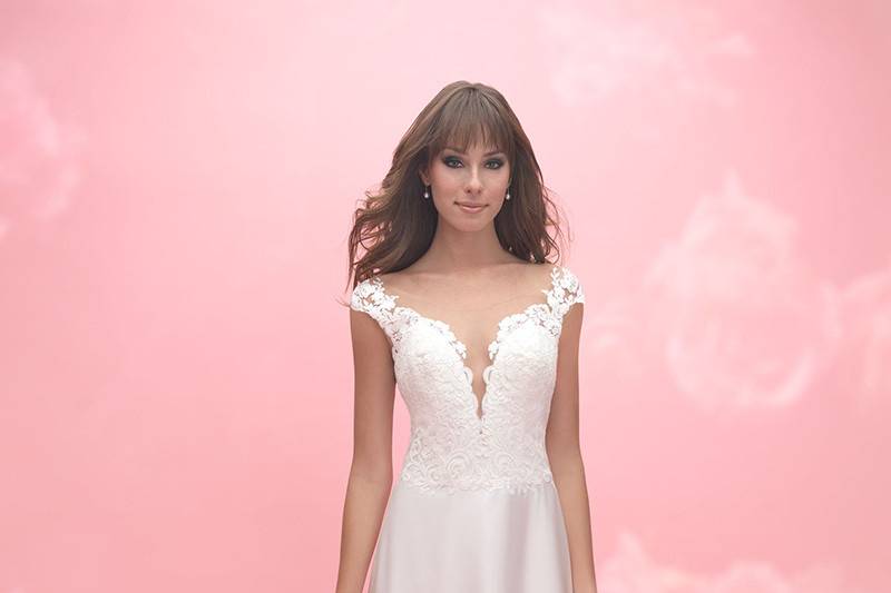 Allure Romance	3054	<br>	This feminine crepe gown features a lace illusion back and romantic lace across the train.